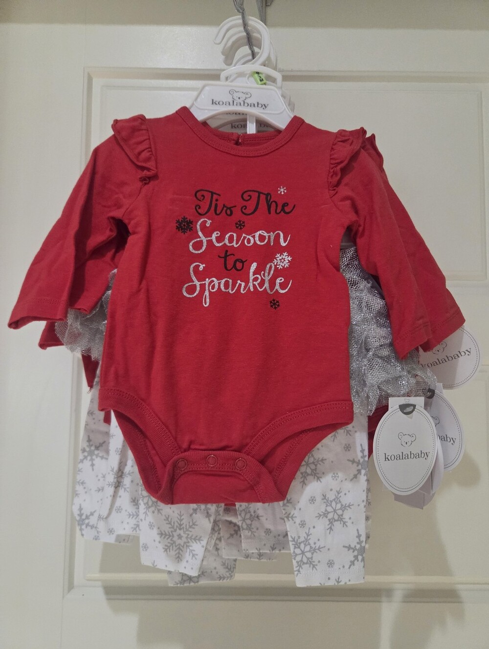 NWT KoalaBaby Girls Christmas Bodysuit & Legging With Tutu Set Red Snowflake